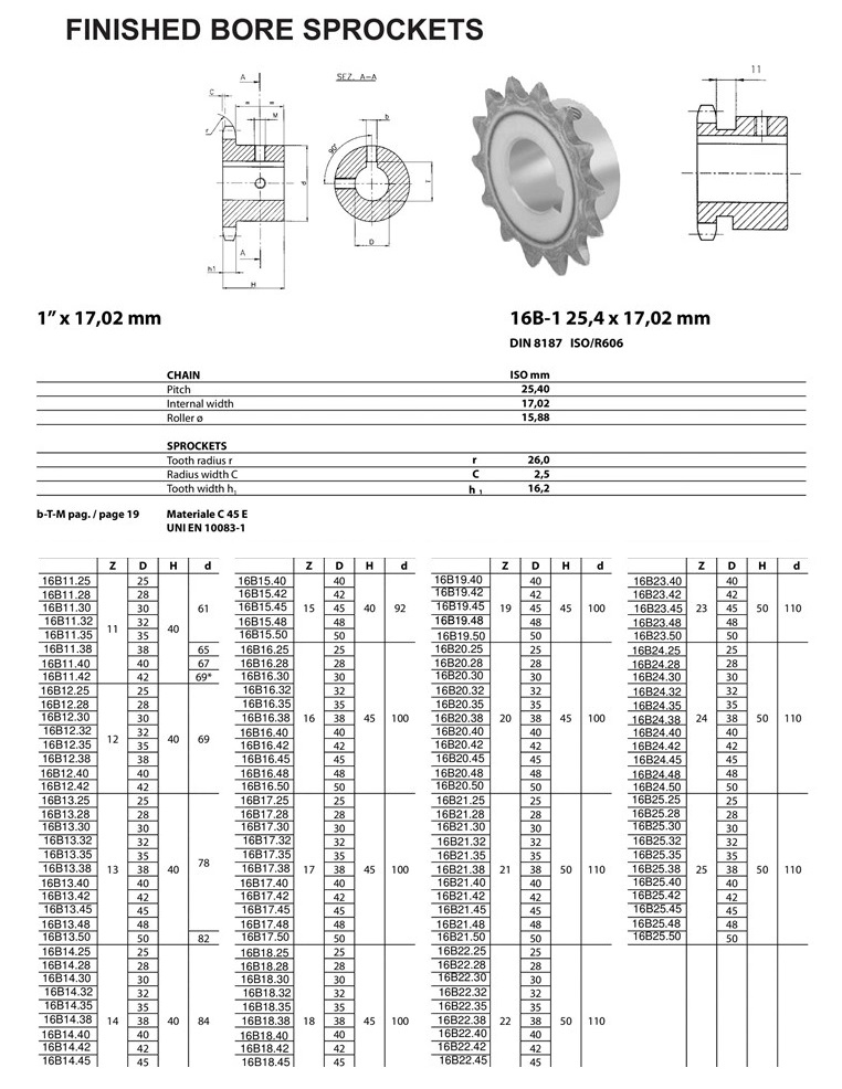 Piñón con agujero acabado 16B Tabla técnica ISO