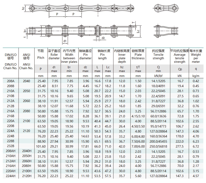 Tabla técnica de la cadena de transmisión de doble paso