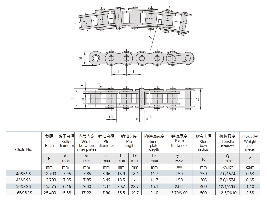 Tabla técnica de la cadena de rodillos con arco lateral de acero inoxidable